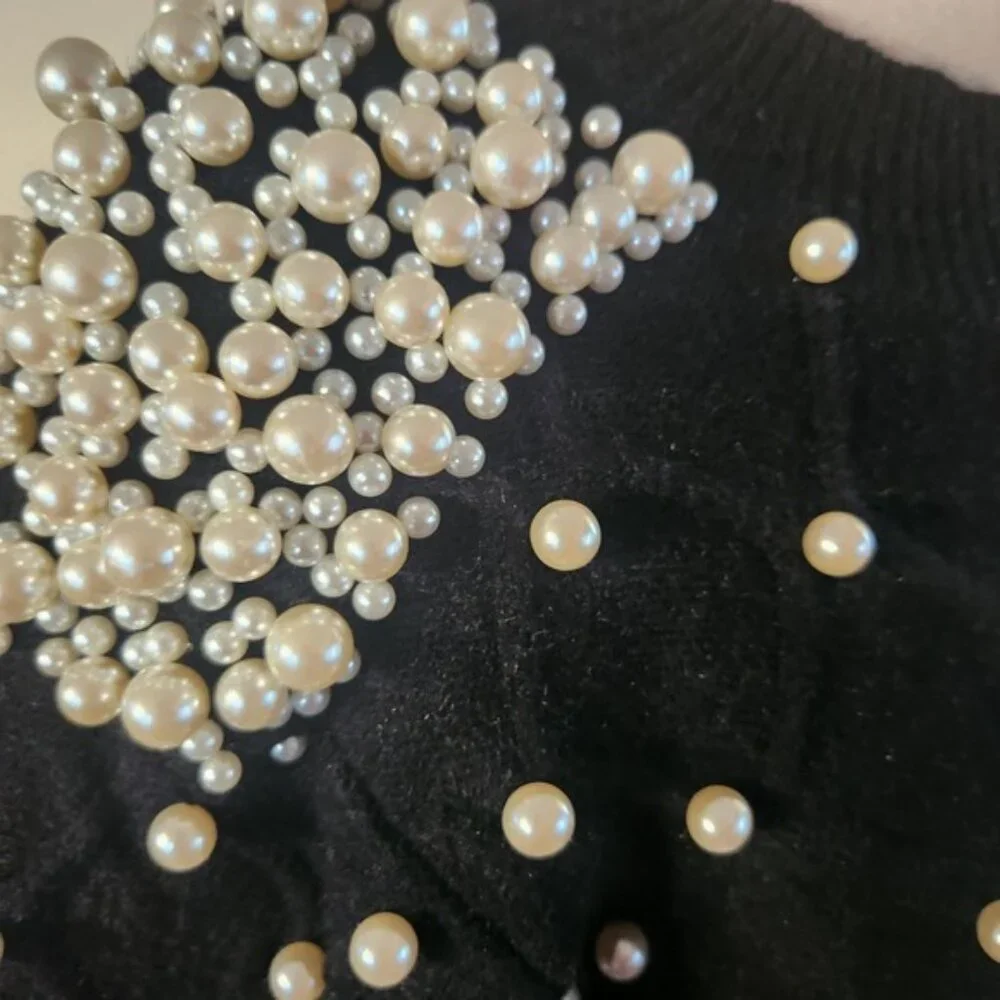 Black Pearl Embellished Sweater Long Sleeve Diamond Knit Shoulder‎ Pearls